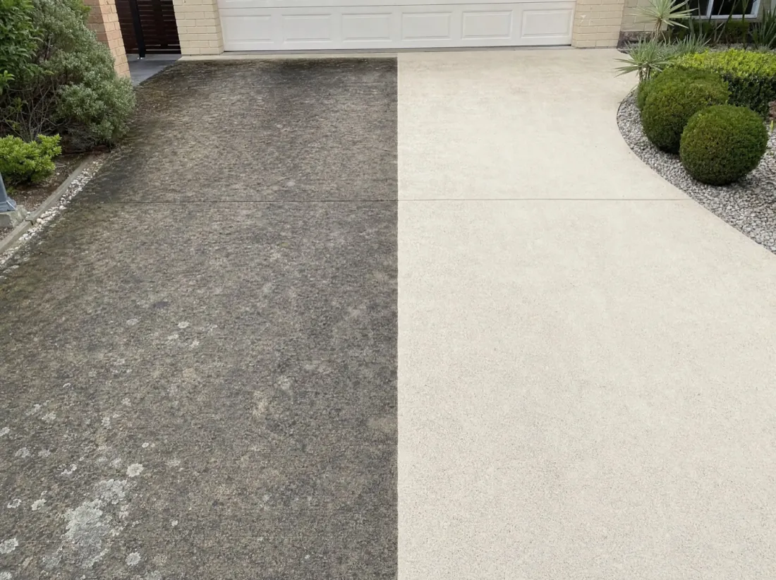 Driveway before and after pressure cleaning